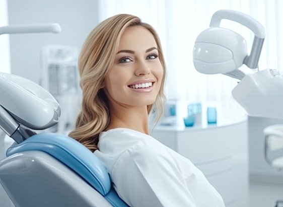 Woman sitting in dentist’s chair smiling with veneers 